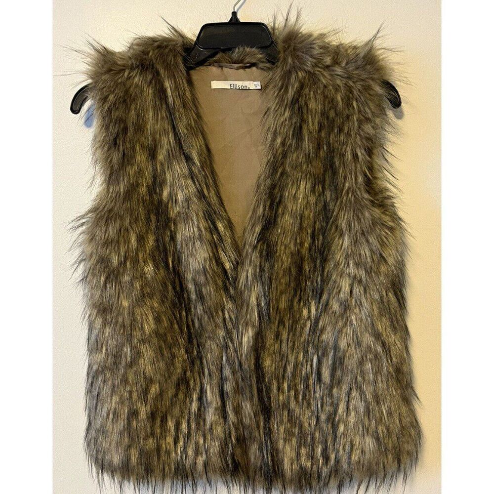 Ellison Faux Fur Vest Women's Size S Brown Pockets Hook Eye Closure Fall Winter